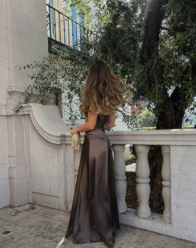 Simple Brown Spaghetti Straps A Line Prom Dress Party Dress SH1379