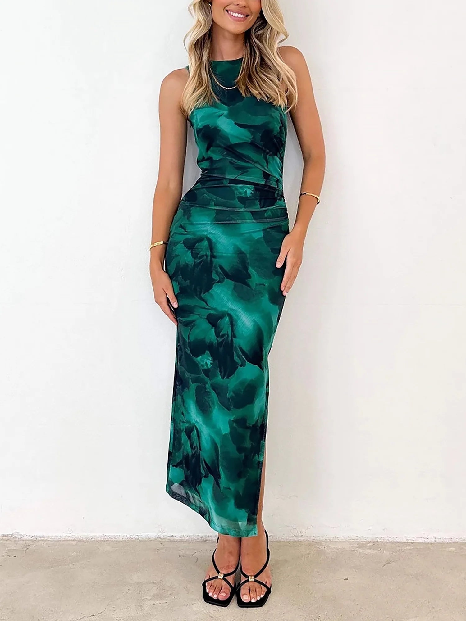 Lightweight Summer Floral Printed Mesh Sleeveless Slit Bodycon Maxi Dress for Beach Parties