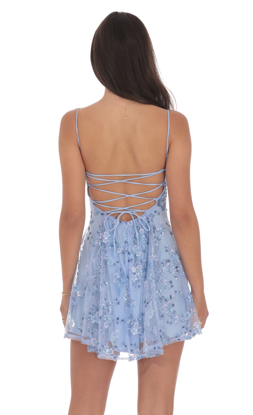 Floral Sequin Fit and Flare Dress in Light Blue