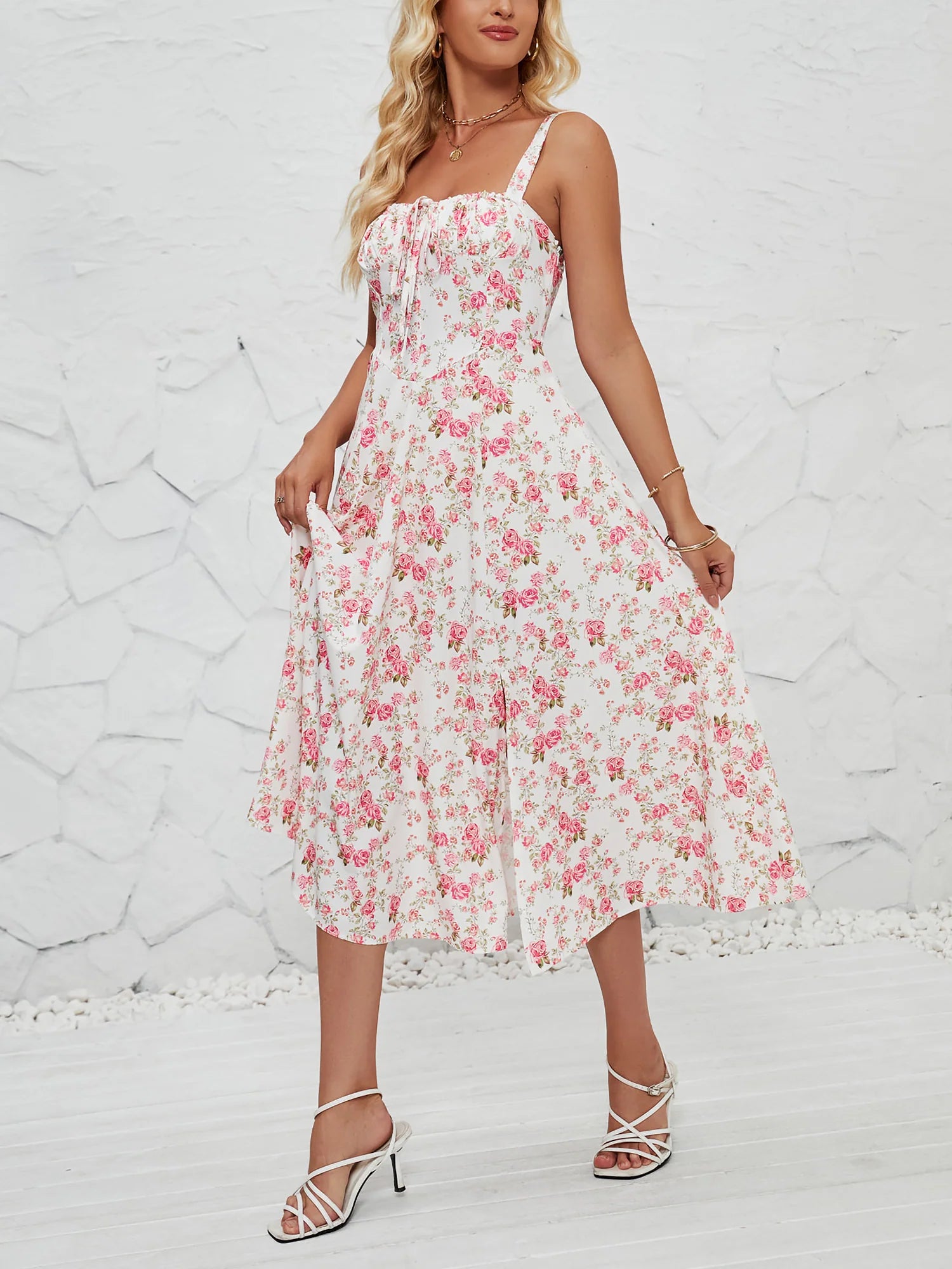 Floral Sleeveless Lace-Up Side Slit Dress Sundress