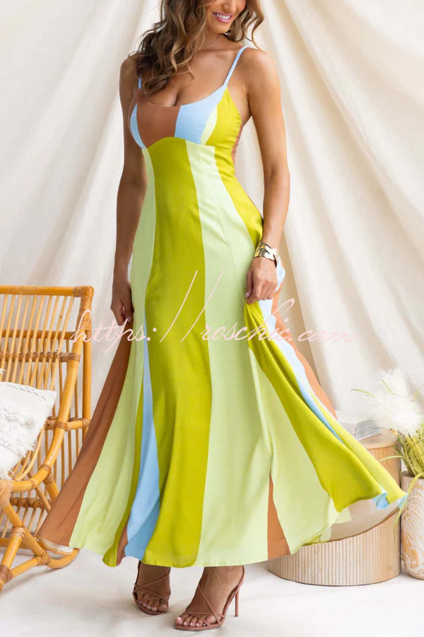 Linen Blend Color-blocked Print Suspender Sleeveless Casual Pocket Maxi Dress
