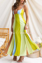 Linen Blend Color-blocked Print Suspender Sleeveless Casual Pocket Maxi Dress