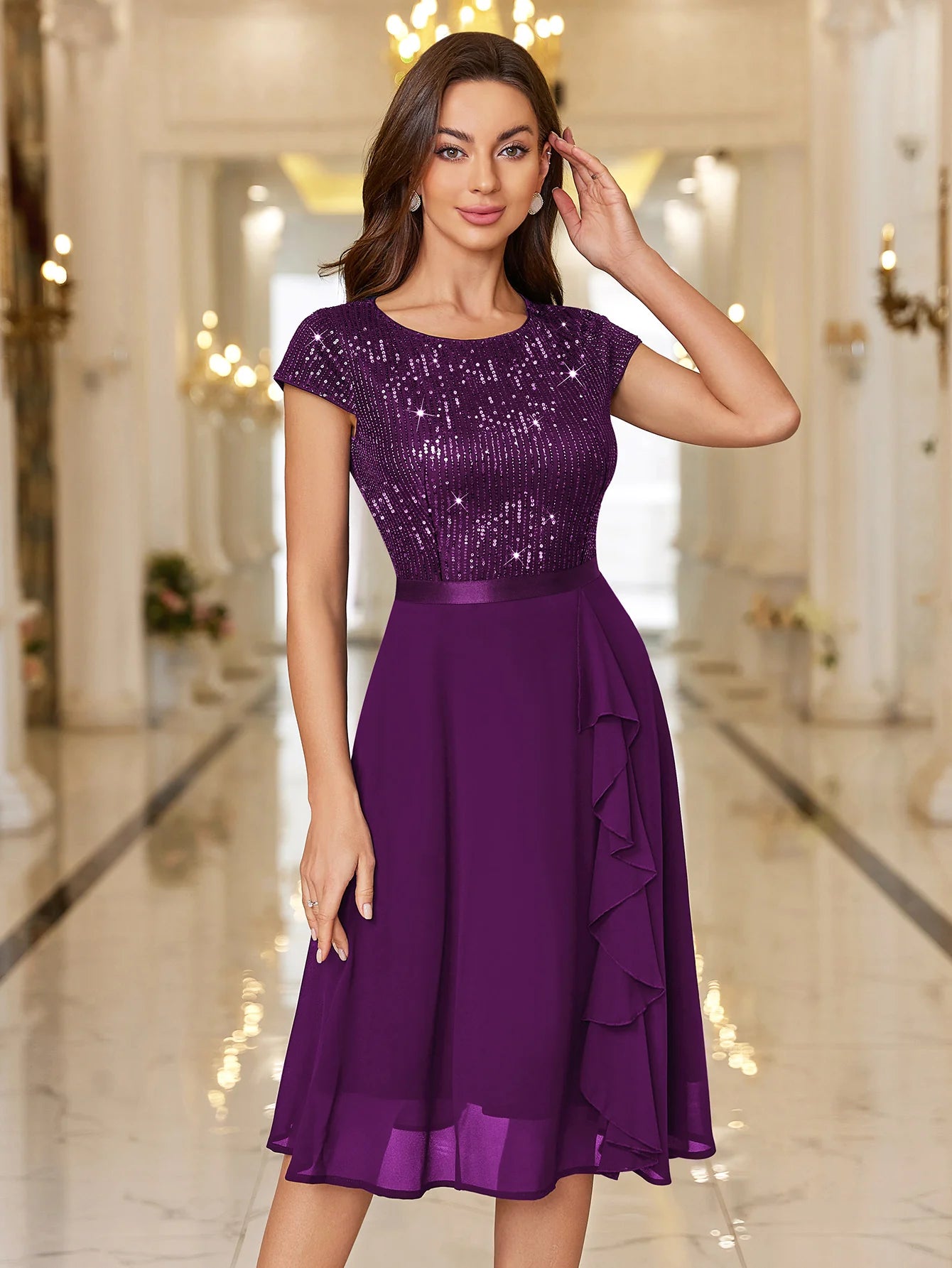Sequin Lace Ruffle Trim Chiffon Cocktail Party Swing Dress for Weddings, Proms & Formal Events