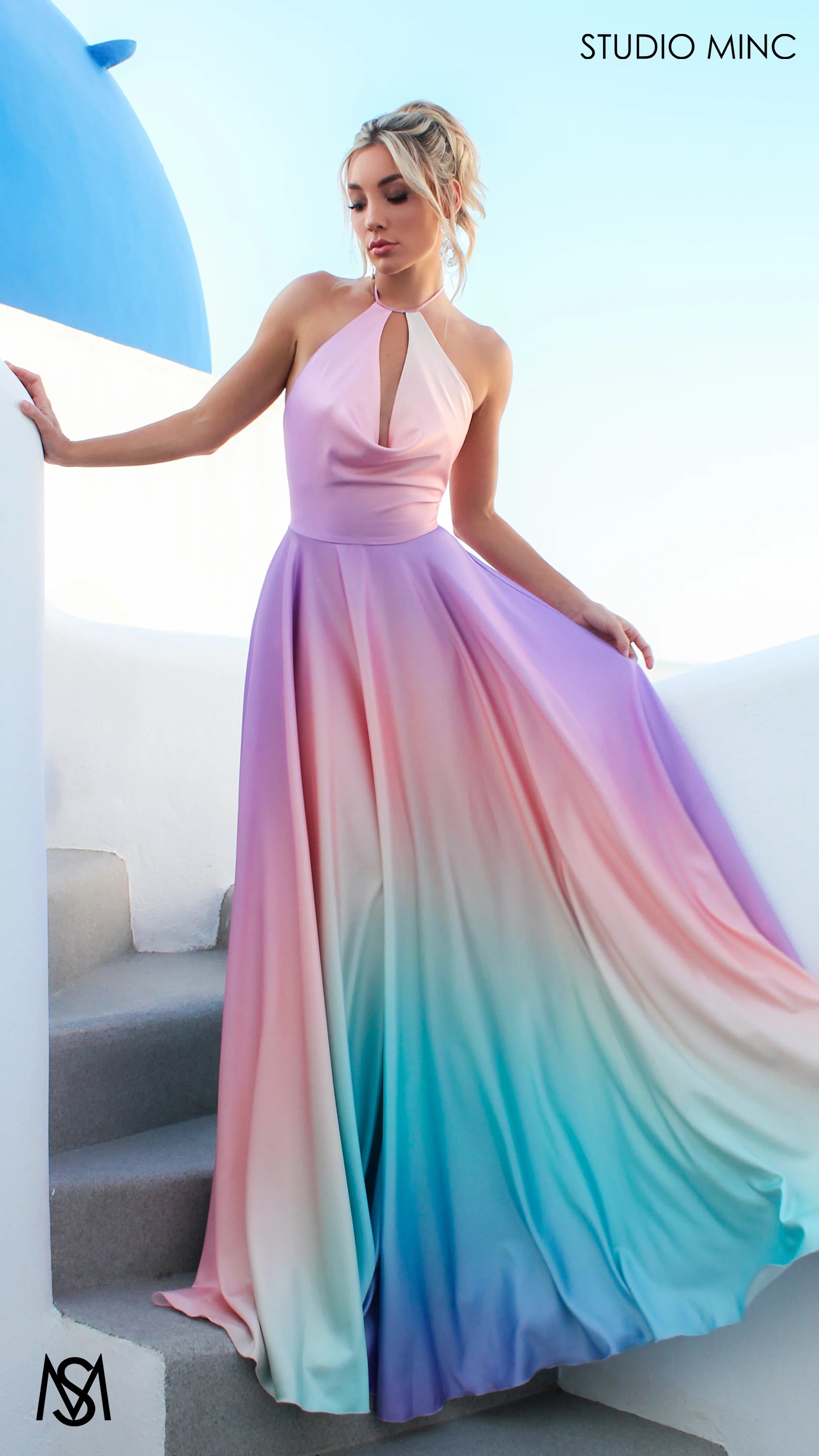 SUNSET PINK - Multi Colour pink Formal Dress, Satin High Neck Plunge & Backless