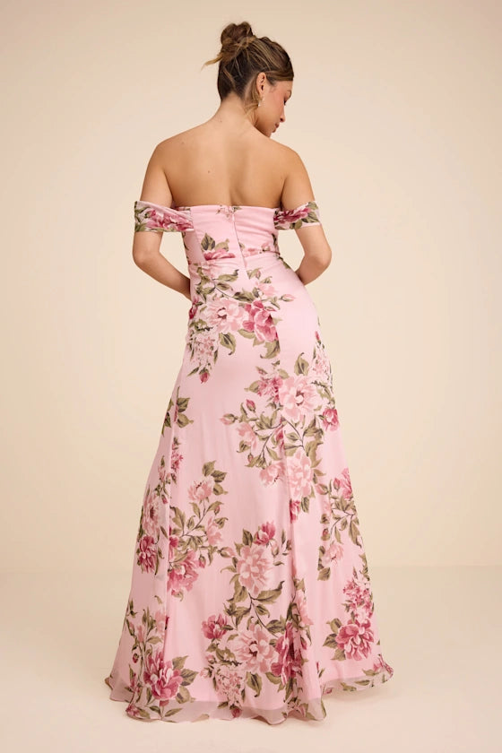 Magical Magnetism Light Pink Floral Off-the-Shoulder Maxi Dress