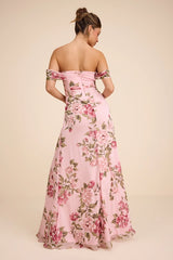 Magical Magnetism Light Pink Floral Off-the-Shoulder Maxi Dress