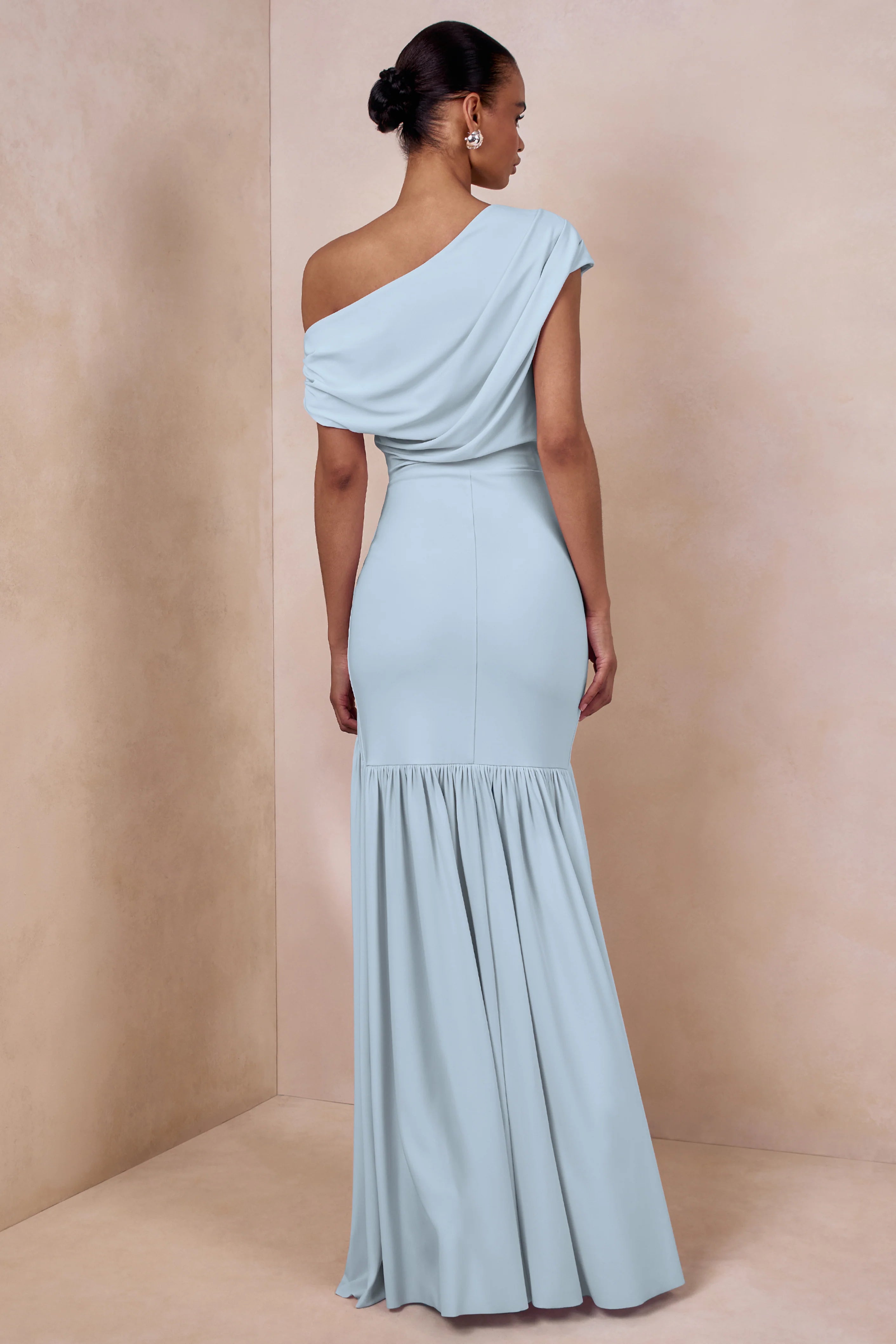 Kady | Powder Blue Asymmetric-Neck Maxi Dress With Ruched Detailing