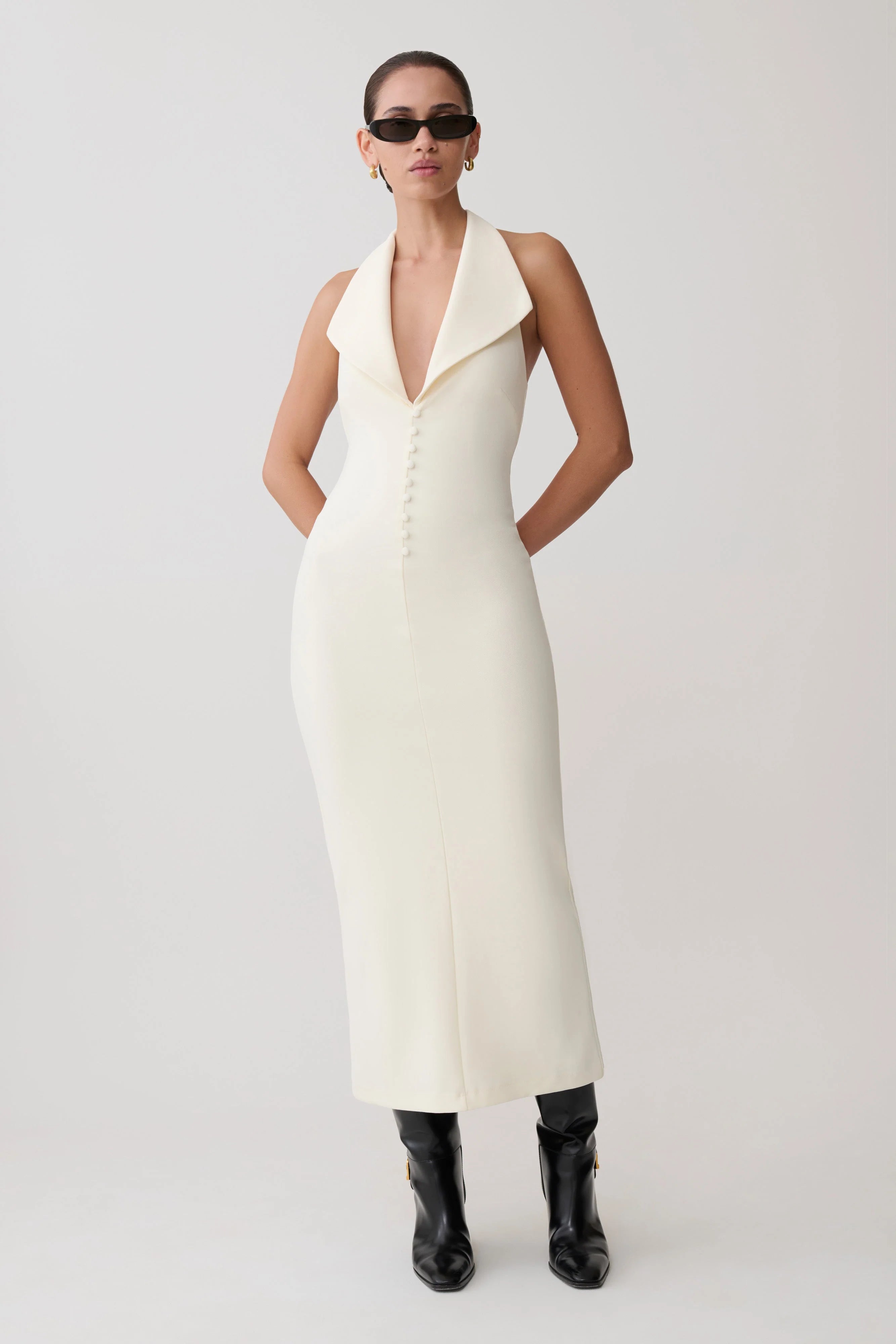 Annita Crepe Halter Midi Dress - Ivory
