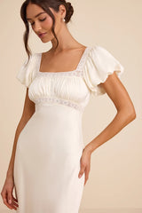 Catherine Ivory Satin Puff Sleeve Slip Midi Dress