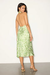 Beyond Classy Green Abstract Print Satin Halter Midi Dress