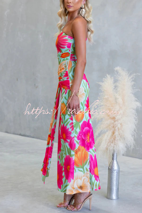 Unique Printed One-Shoulder Cutout Fitted Lace-Up Maxi Dress