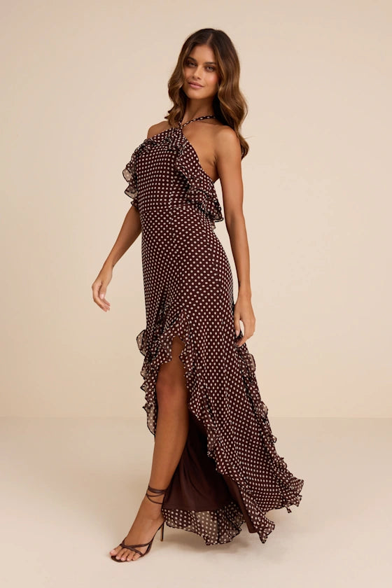 Casey Brown Polka Dot Halter Ruffled Maxi Dress