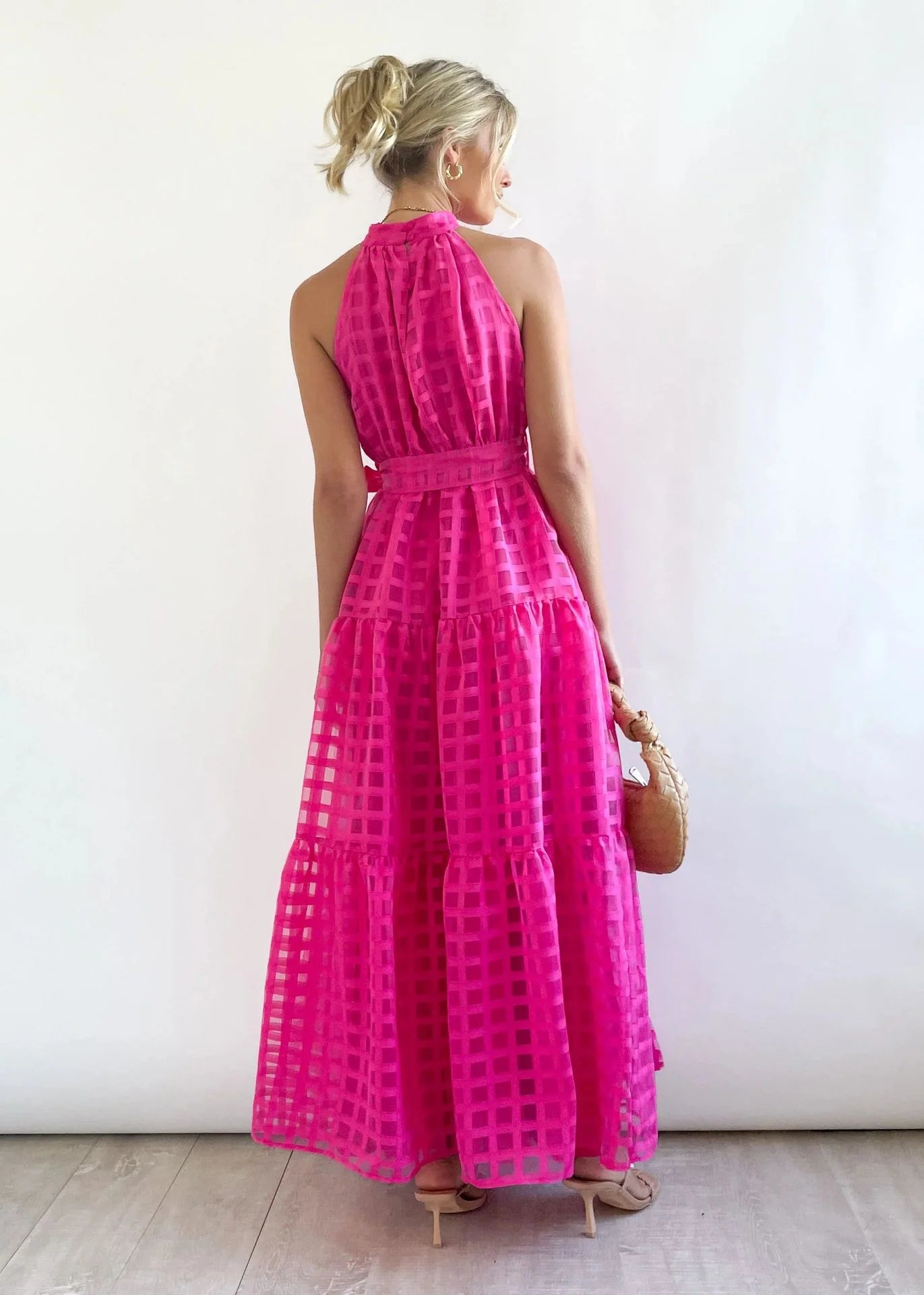 2023 Fashion Trends | Hot Pink Halter Retro Maxi Summer Dress