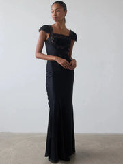Lace Trim Short Sleeve Satin Maxi Dress