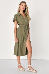 Italian Summer Olive Green Linen Button-Up Short Sleeve Dress