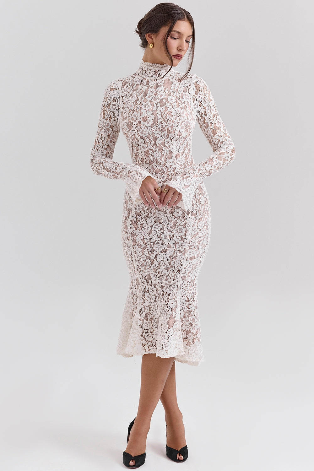 Sophia-Vintage Ivory Lace Fitted Midi Dress