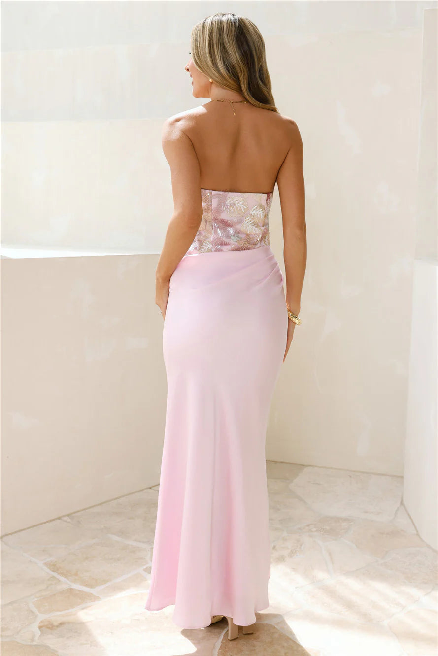 City Lights Chic Strapless Satin Maxi Dress Pink