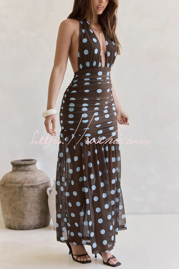 Polka Dot Print Halter Neck Tie Pleated Slim-fit Maxi Dress