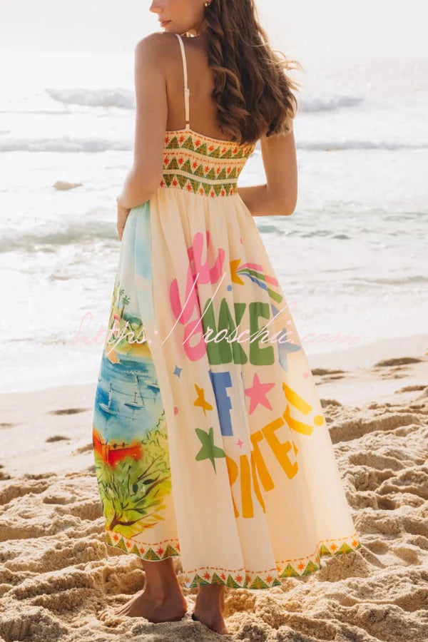Unique Printed Spaghetti Strap Pleated Casual Maxi Dress