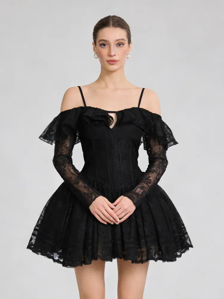 Off Shoulder Lace Corset Flared Mini Dress