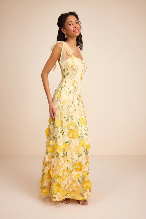 Thriving Poise Yellow 3D Floral Embroidered Tie-Strap Maxi Dress