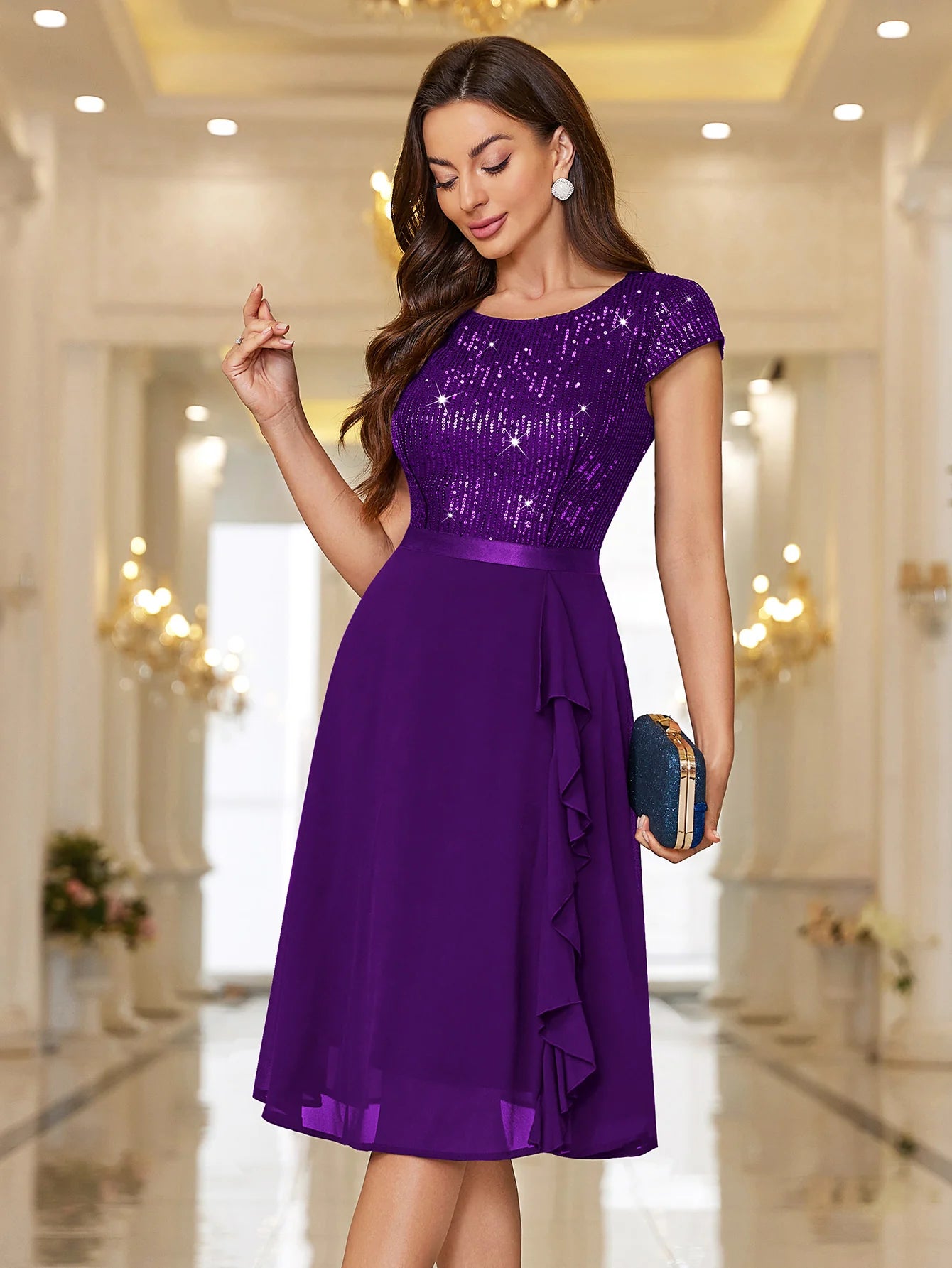 Sequin Lace Ruffle Trim Chiffon Cocktail Party Swing Dress for Weddings, Proms & Formal Events