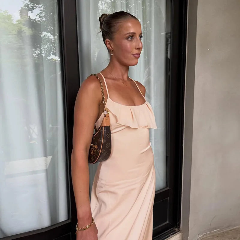 Pink Ruffle Back Tie Up Maxi Dress