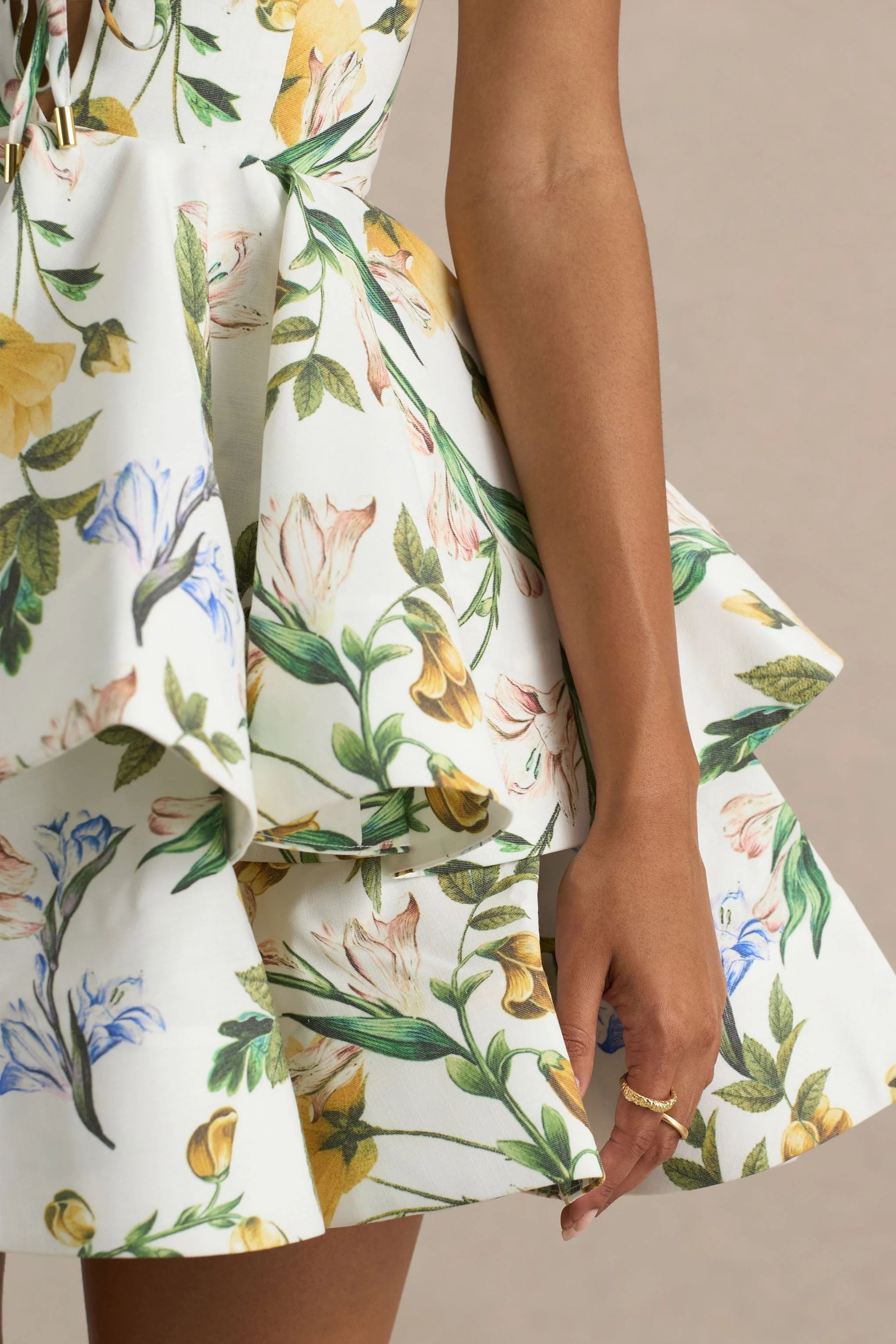Flavia | Lemon Floral Print Plunge-Neck Ruffled Skater Micro-Mini Dress