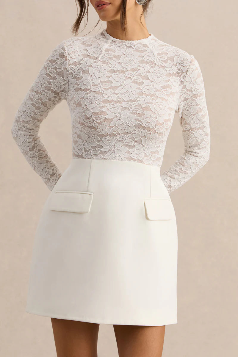 White High-Neck Lace Mini-Dress With Pocket-Details