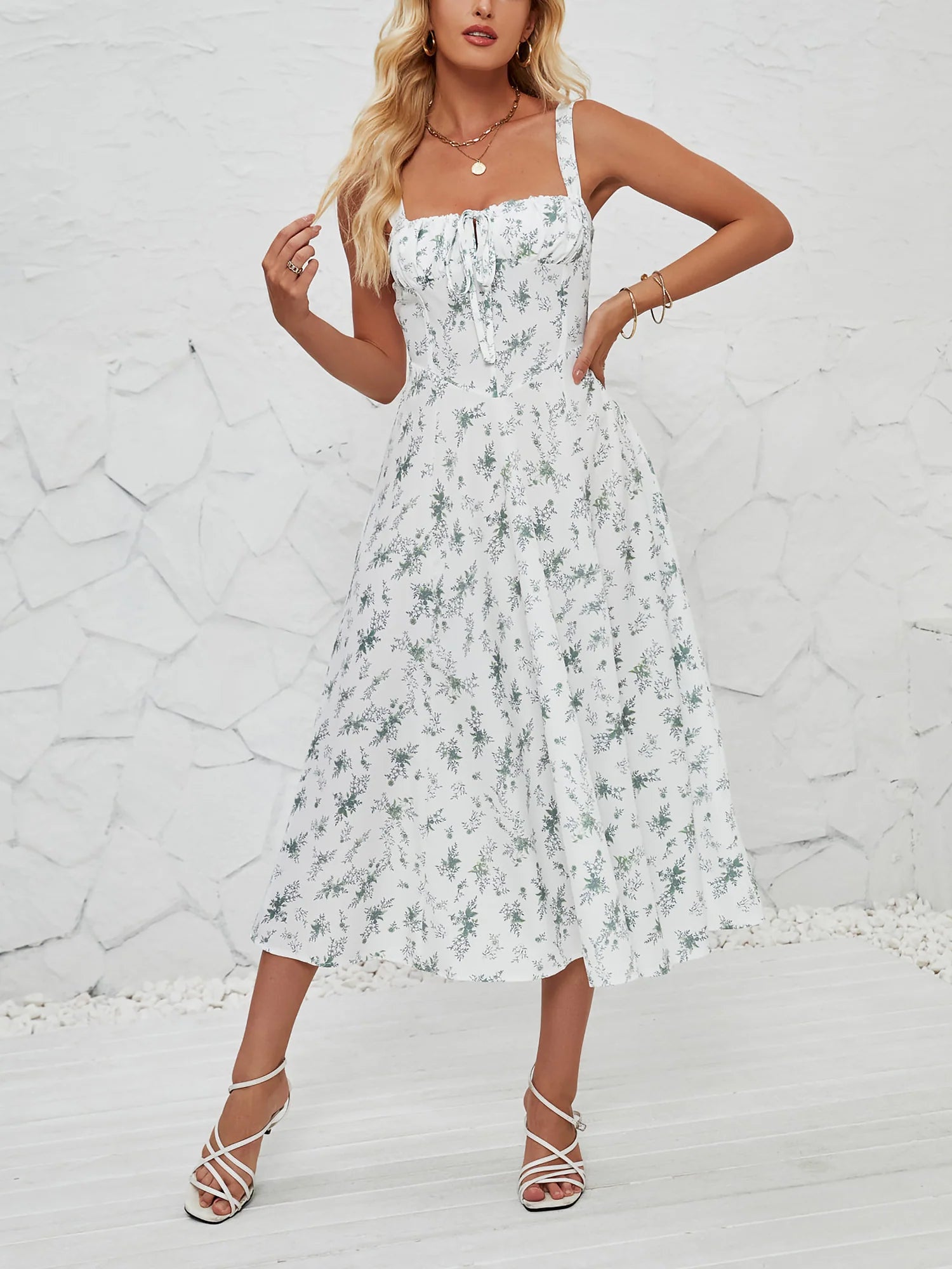 Floral Sleeveless Lace-Up Side Slit Dress Sundress