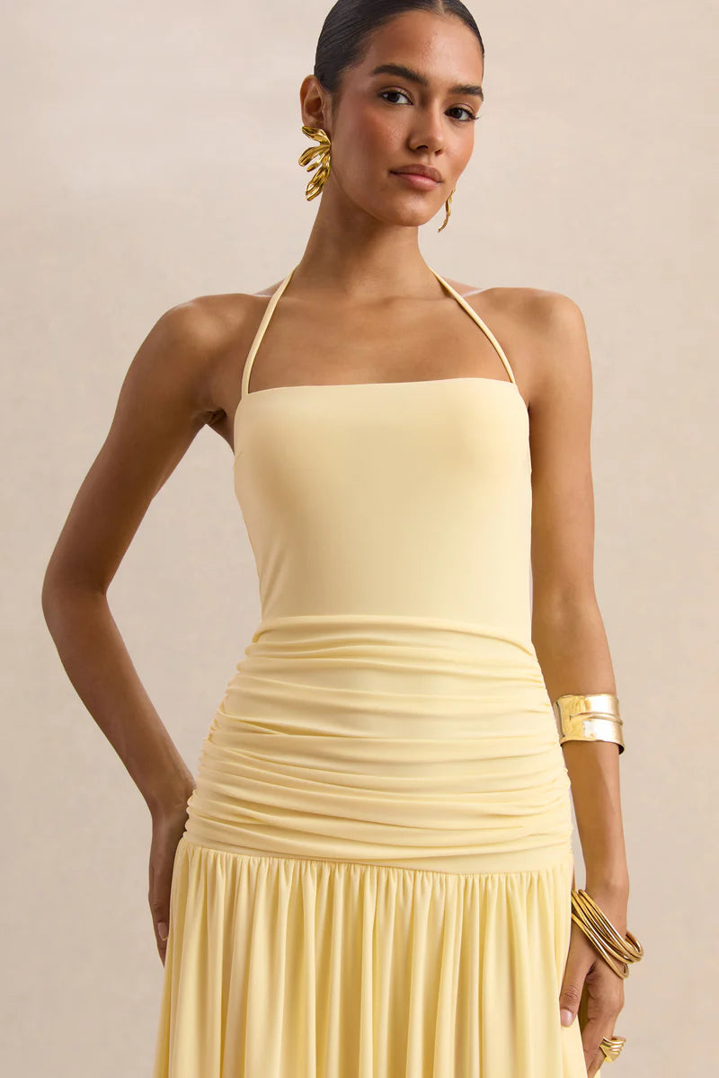 Lemon Square-Neck Maxi Dress With Ruched-Detailing