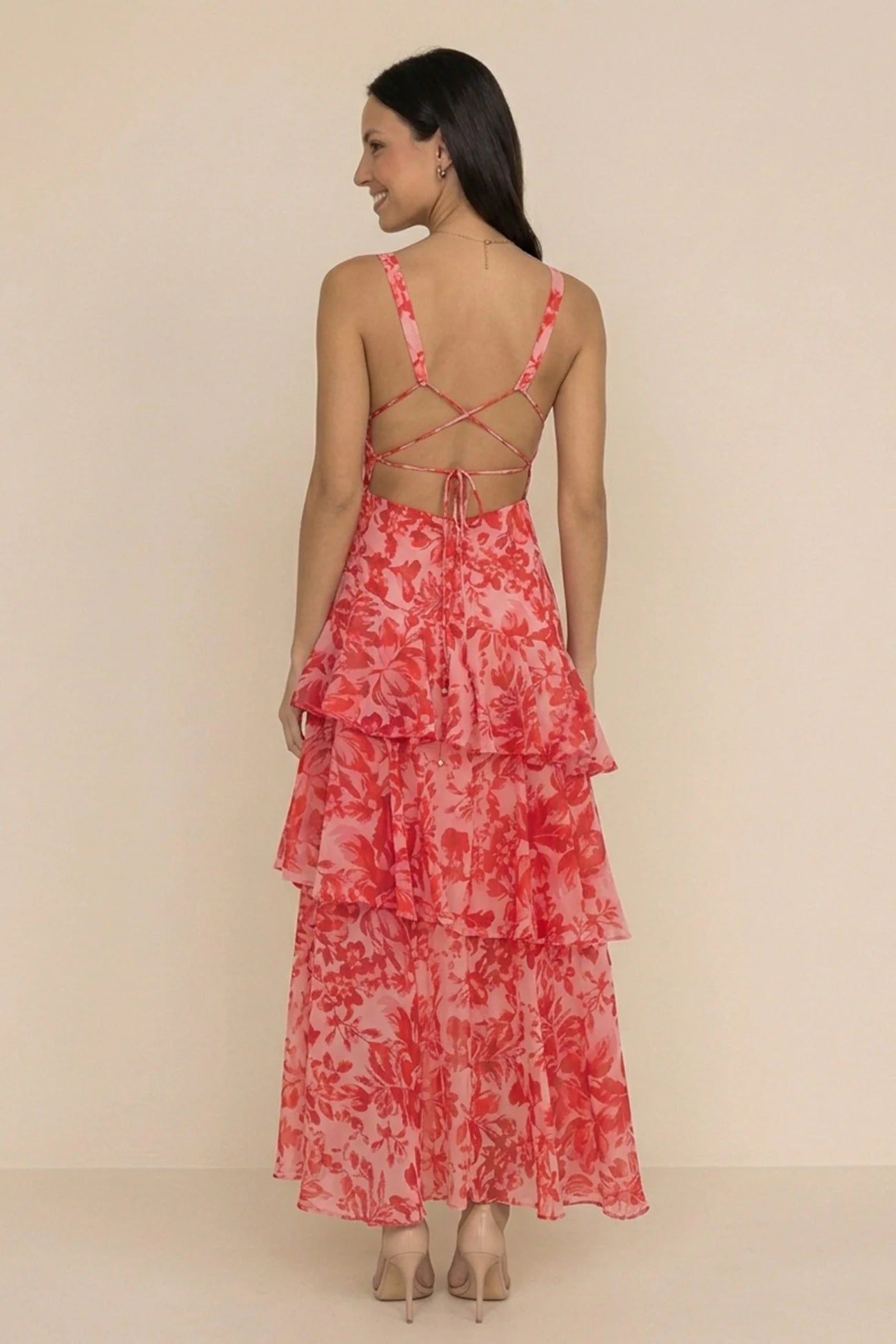 Floral Print Tie-up Back Chiffon Tiered Dress