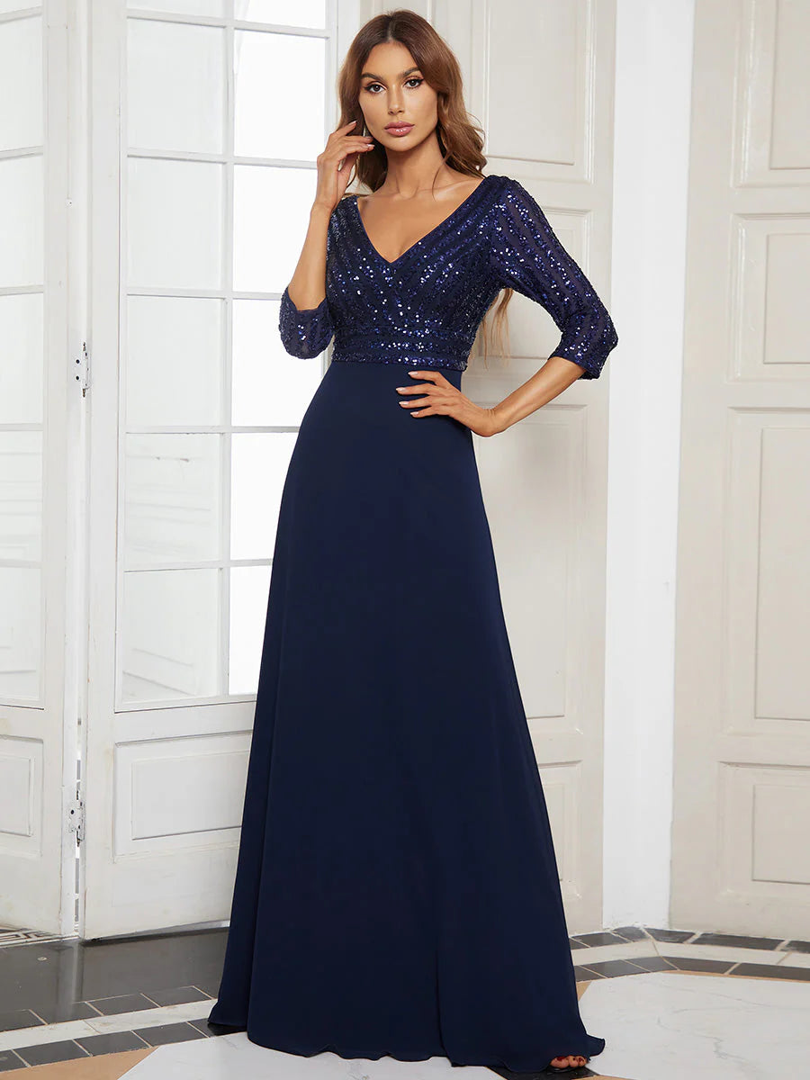 Sexy V Neck A-Line Sequin Wholesale Evening Dresses With 3/4 Sleeve