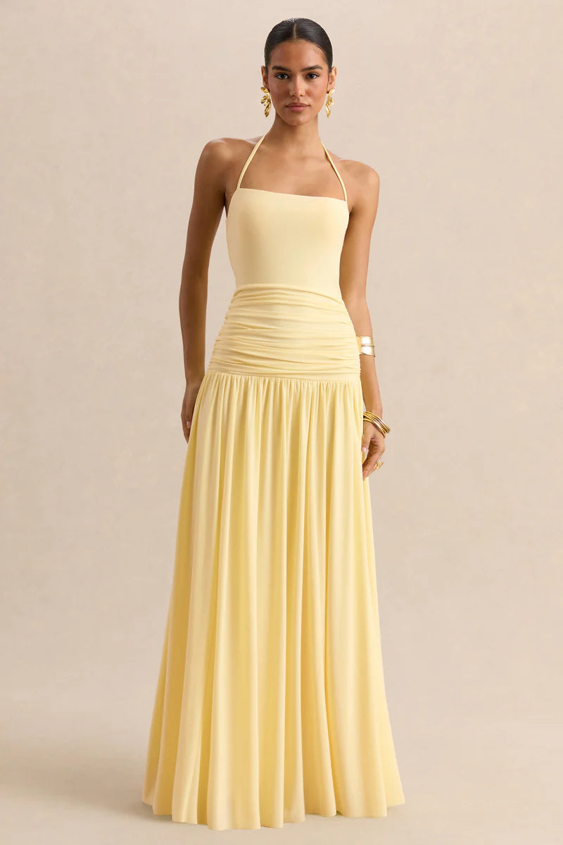 Lemon Square-Neck Maxi Dress With Ruched-Detailing