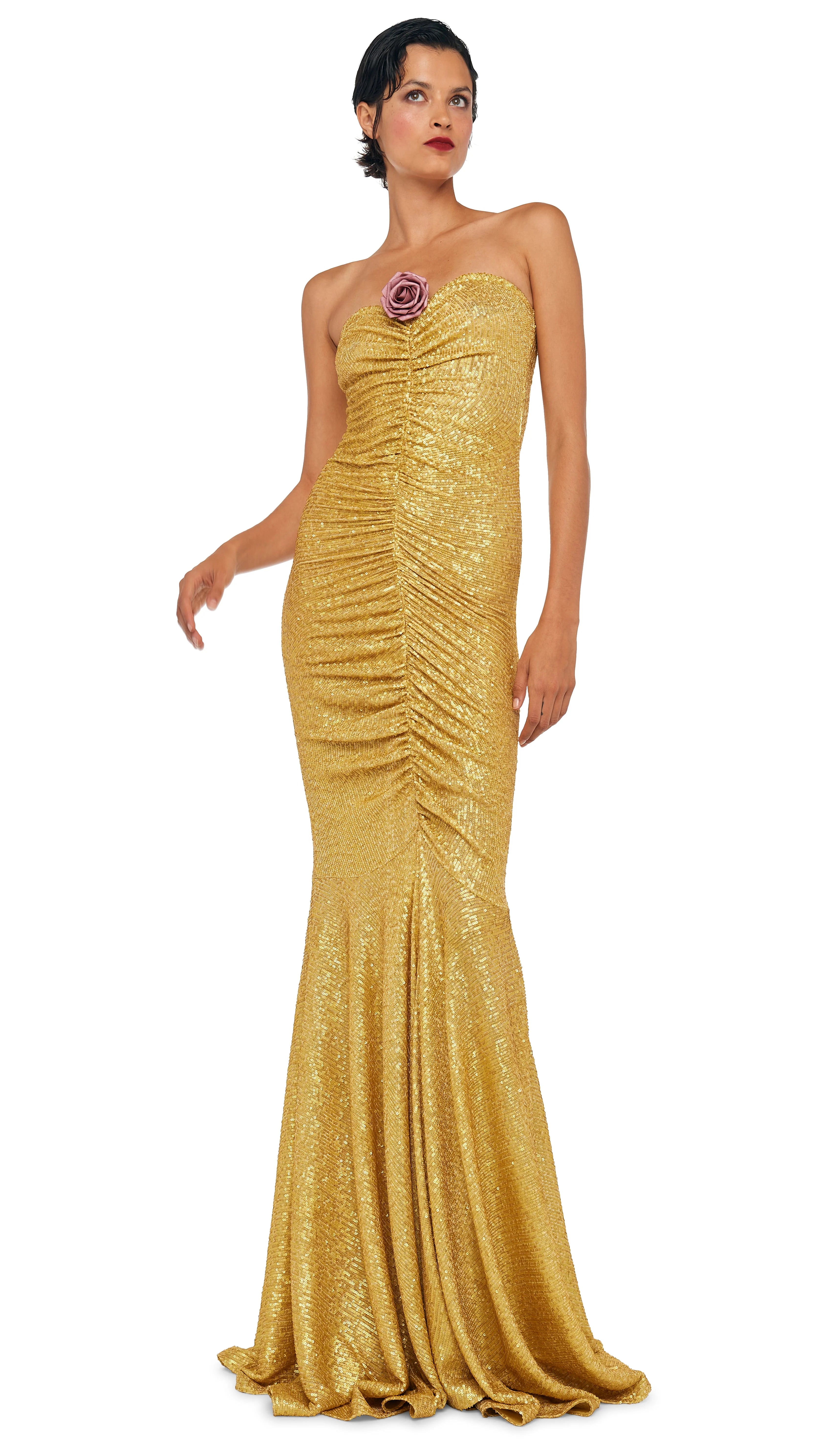 STRAPLESS SHIRRED FRONT FISHTAIL GOWN