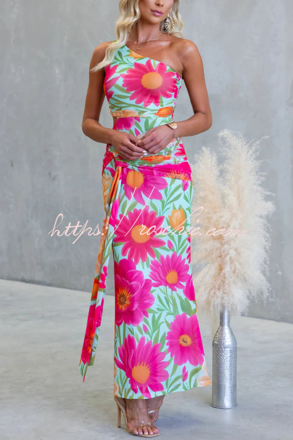 Unique Printed One-Shoulder Cutout Fitted Lace-Up Maxi Dress