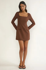 Calenne Long Sleeve Faux Pocket Mini Dress Coffee