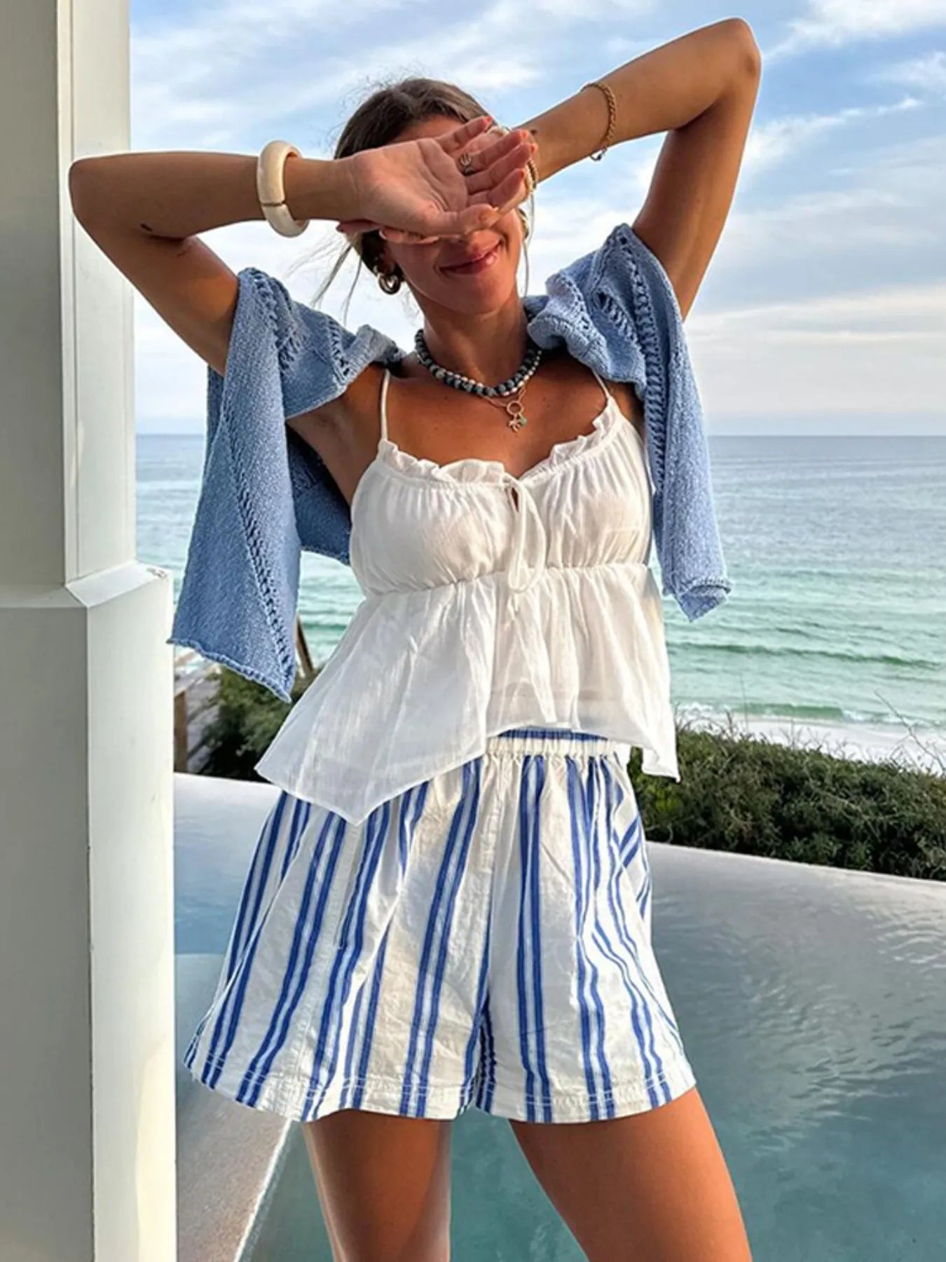 Striped High-Waist Linen Blend Summer Shorts