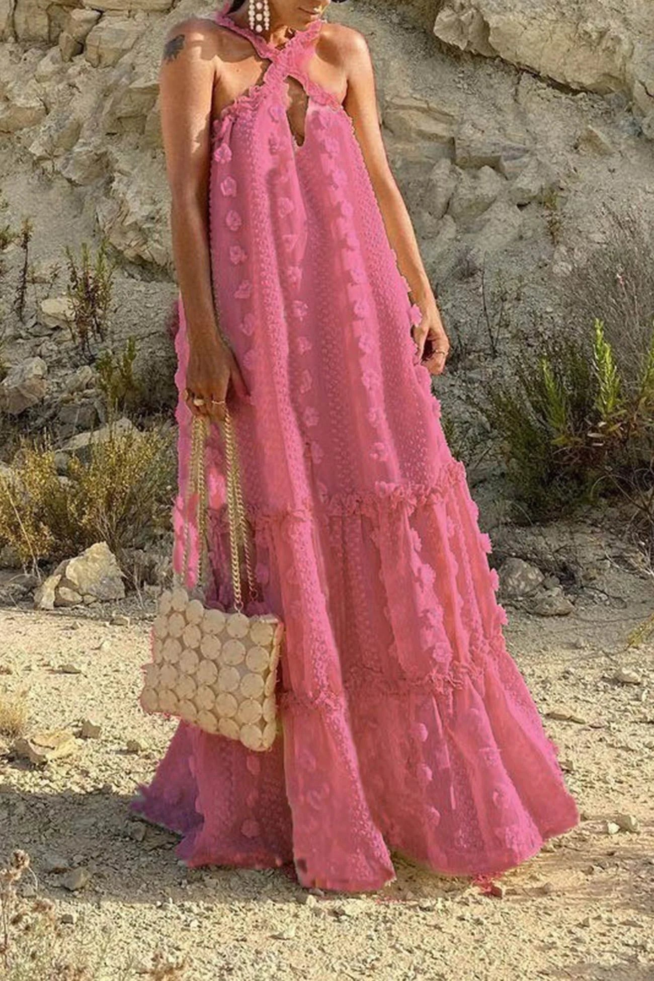 3D Floral Criss-cross Halterneck Maxi Dress