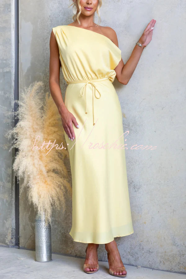 Solid Color One-shoulder Sleeveless Belted Casual Maxi Dress