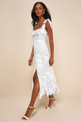 Summer Invite White and Blue Toile Tie-Strap Tiered Midi Dress