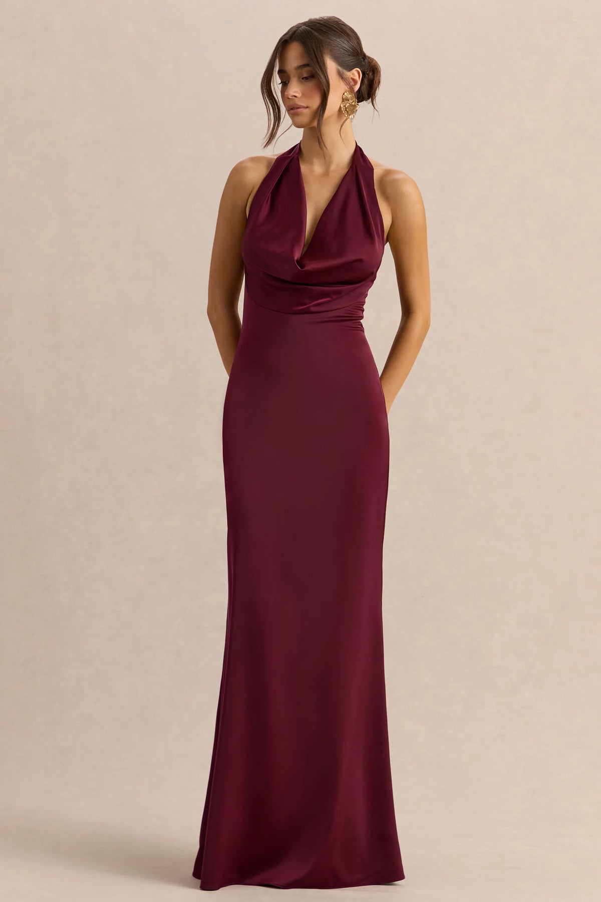 Aralisse | Burgundy Satin Cowl-Neck Maxi Dress