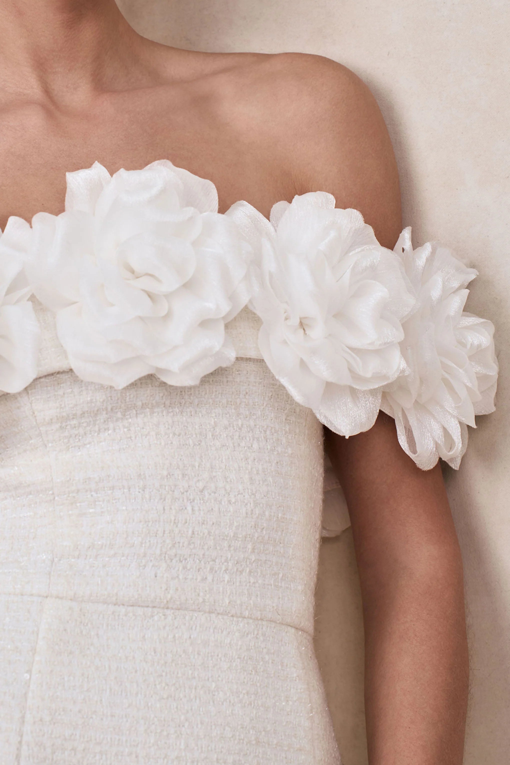 Florinda | White Boucle Floral-Bardot Neck Mini Dress