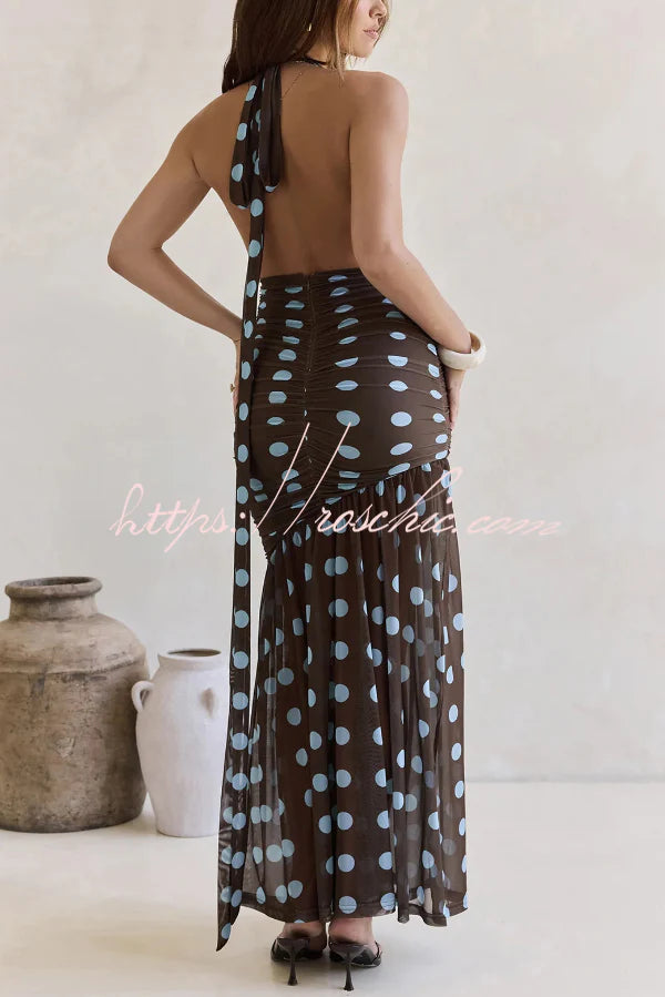Polka Dot Print Halter Neck Tie Pleated Slim-fit Maxi Dress