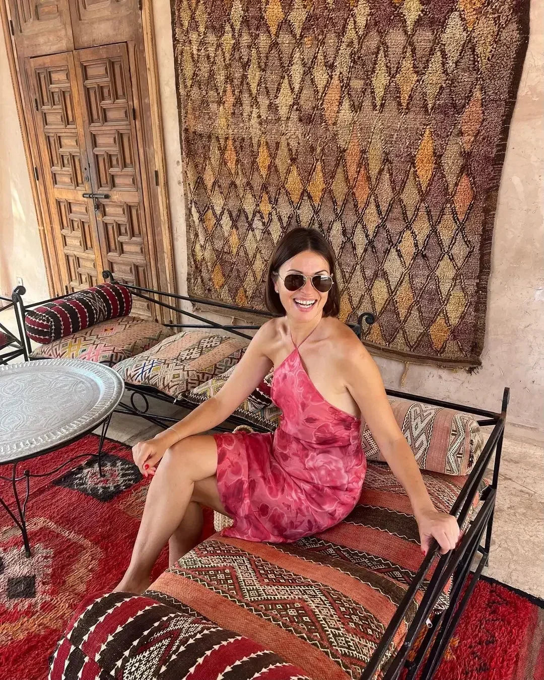 Rose Pink Print Halter Midi Dress