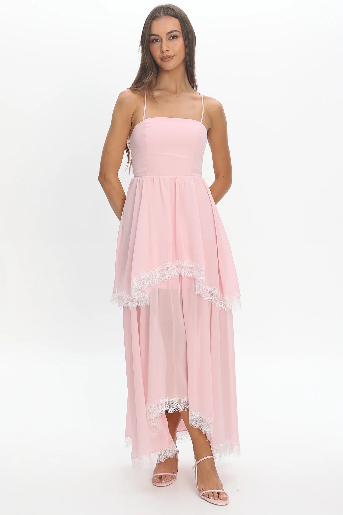 Sunrise on Sunset Lace Trim Maxi Dress Pink