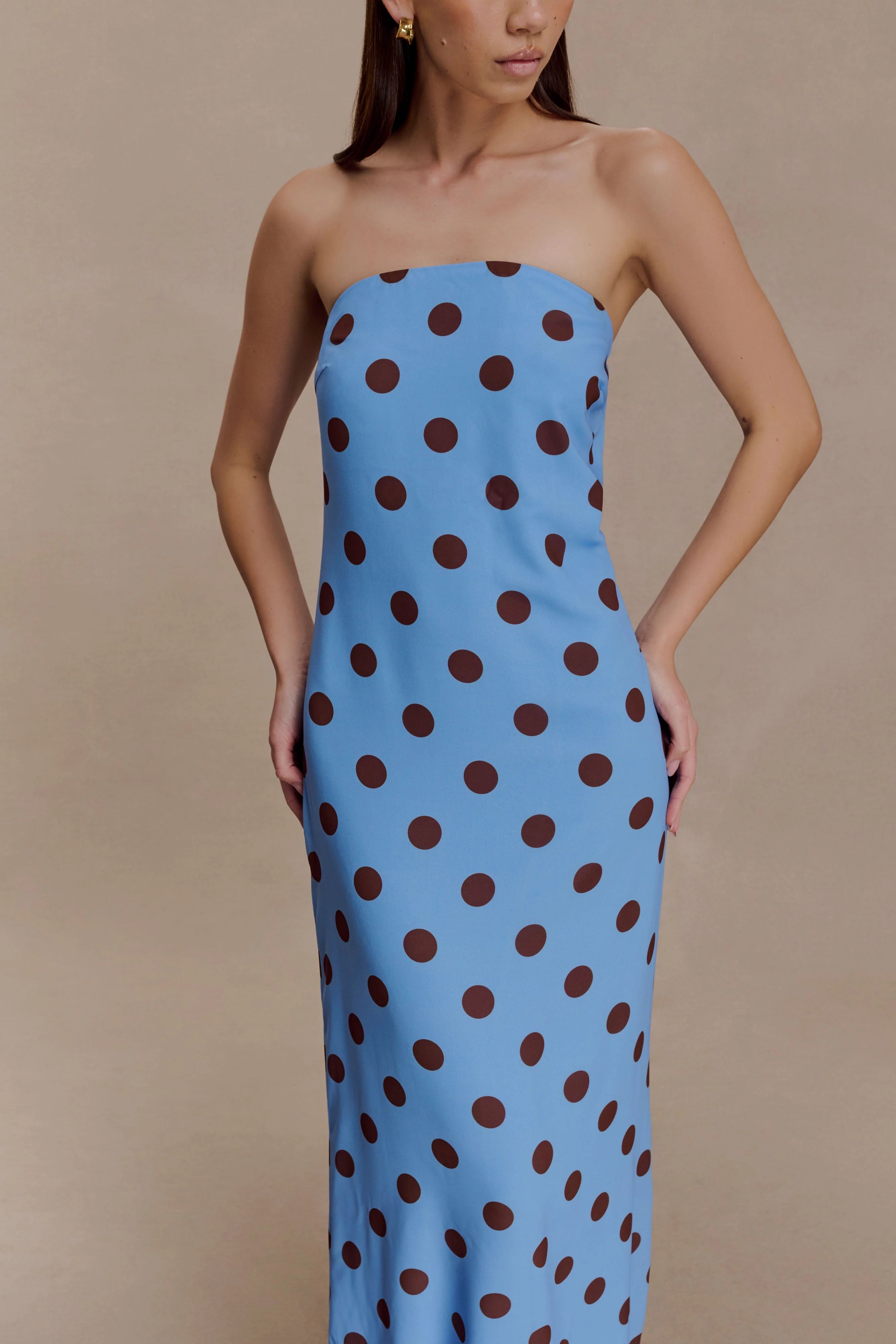 Amaya Strapless Chiffon Maxi Dress - Blue Polka Dot
