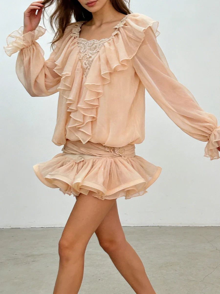 Ruffles Long Sleeve Mesh Mini Dress