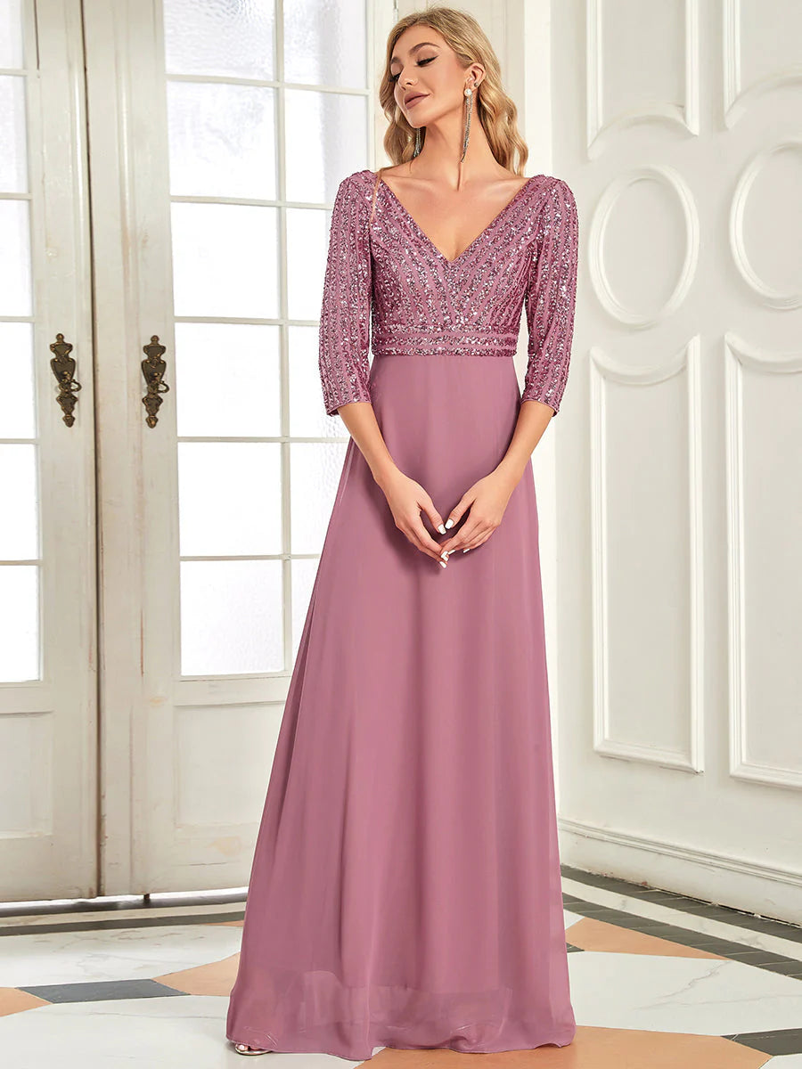 Sexy V Neck A-Line Sequin Wholesale Evening Dresses With 3/4 Sleeve