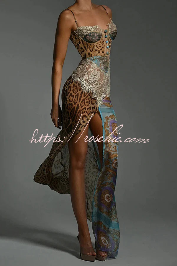 Chiffon Leopard Print Sexy Lace Splicing High Slit Slim Maxi Dress